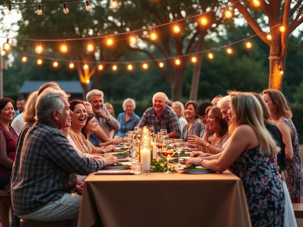 Joyful family reunion under string lights